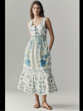 Farm Rio Sleeveless Scallop-Trim Printed Midi Dress w Floral Embroidery NWT GWP